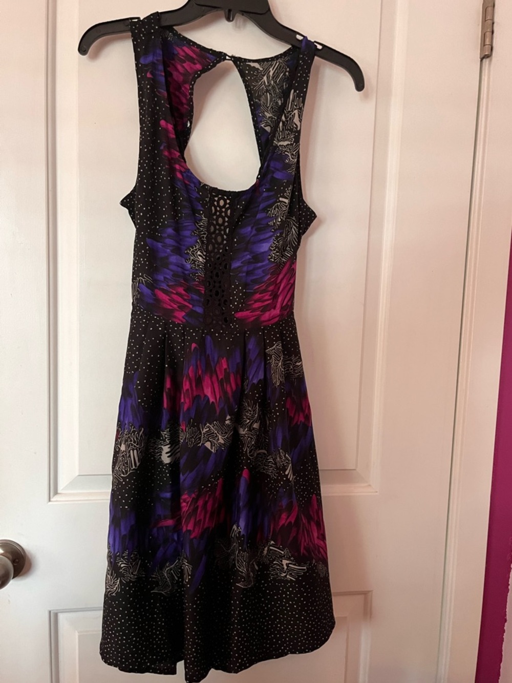 Sleeveless Black Dress with Purple & Pink Print